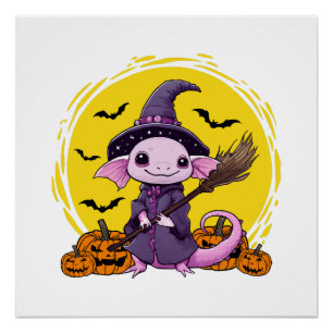 Poster Halloween sorcière mignonne Axolotl