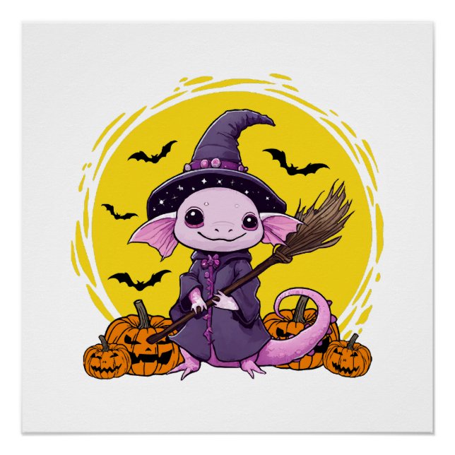 Poster Halloween sorcière mignonne Axolotl (Devant)