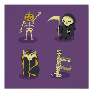 Poster Halloween Squelette Dracula Mummy Griffe Reaper