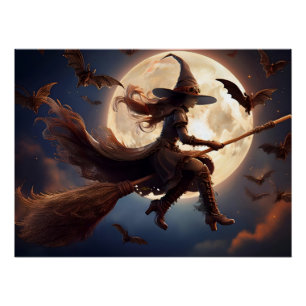 Poster Halloween Steampunk Witch Vol au clair de lune