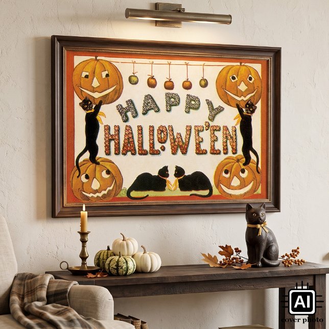 Poster Halloween vintage, chats noirs avec Jackolanterns (Vintage illustration Halloween design featuring black cats, apples and jack-o-lantern pumpkins.)