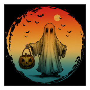 Poster Halloween vintage fantôme citrouille chauves-souri