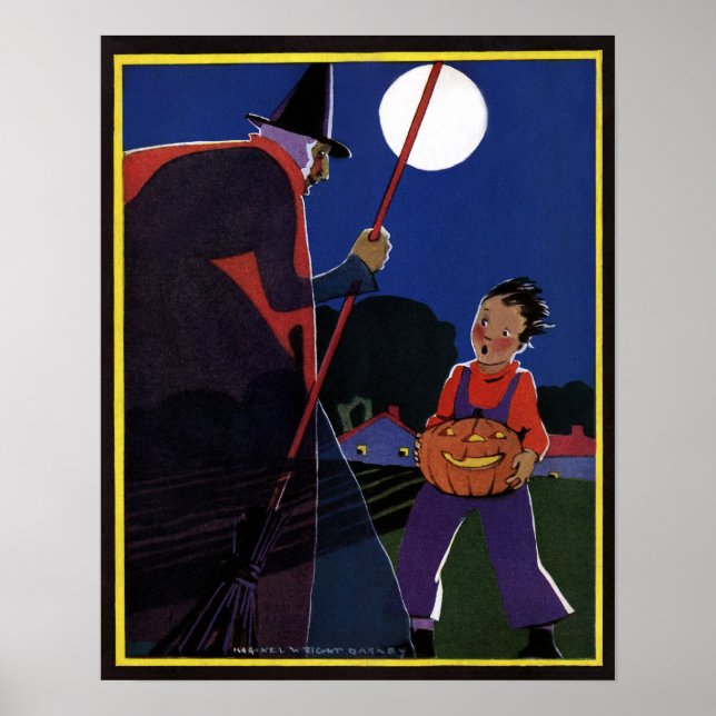 Poster Halloween vintage, sorcière Déplaisante avec garço (Devant)