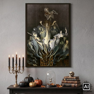 Poster Halloween vintage, violoniste squelette et fantôme