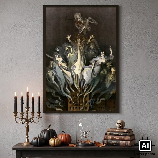 Poster Halloween vintage, violoniste squelette et fantôme (The Tenement - A Menace To All, 1901. Vintage illustration with the Grim Reaper and other spirits.)