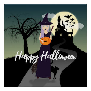 Poster Halloween Witch Citrouille Chat noir Votre texte