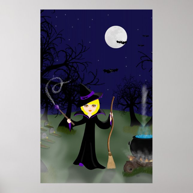 Poster Halloween Witch with Cauldron Print (Devant)