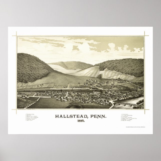 Poster Hallstead, PA Carte panoramique - 1887 (Devant)