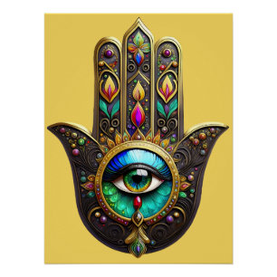 Poster Hamsa Brun Doré Coloré Troisième Œil Arc-en-Ciel