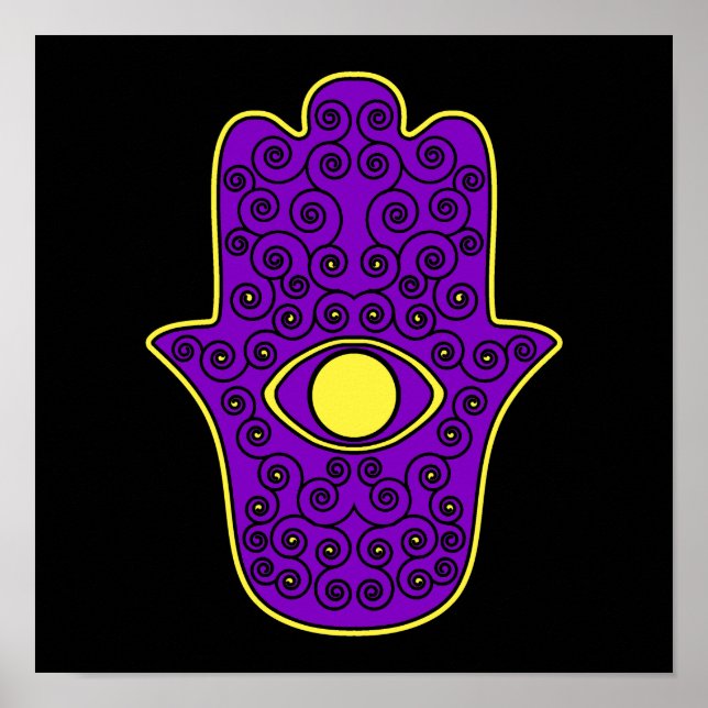 Poster Hamsa-main jaune violet de Miriam-Hand de Fatima. (Devant)