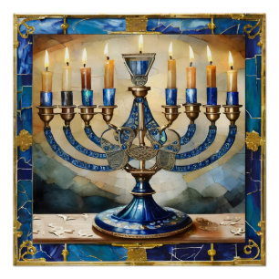 Poster Hanoukka bleue Menorah