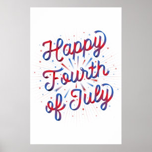 Poster Happy 4 juillet 24x36 (Dégradé Rouge/Bleu)