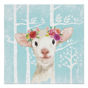 Poster Happy Animal avec Fleurs en Bleu Forêt-Mouton