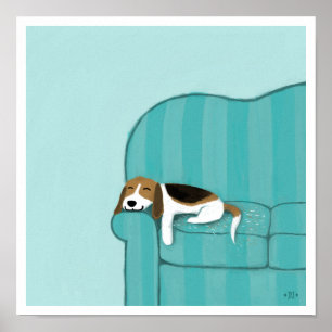Poster Happy Couch Beagle Cute Sleeping Dog Pet Art