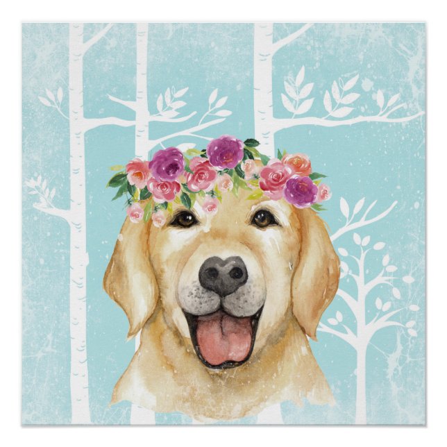 Poster Happy Flower Animal dans Blue Forest-Dog-Retriever (Devant)
