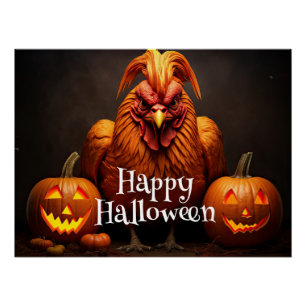 Poster Happy Halloween Farm Chicken Rooster Citrouille Pa