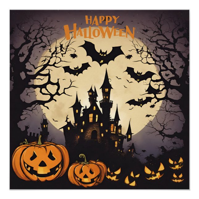 Poster Happy Halloween - Haunted House, Citrouilles et ch (Devant)
