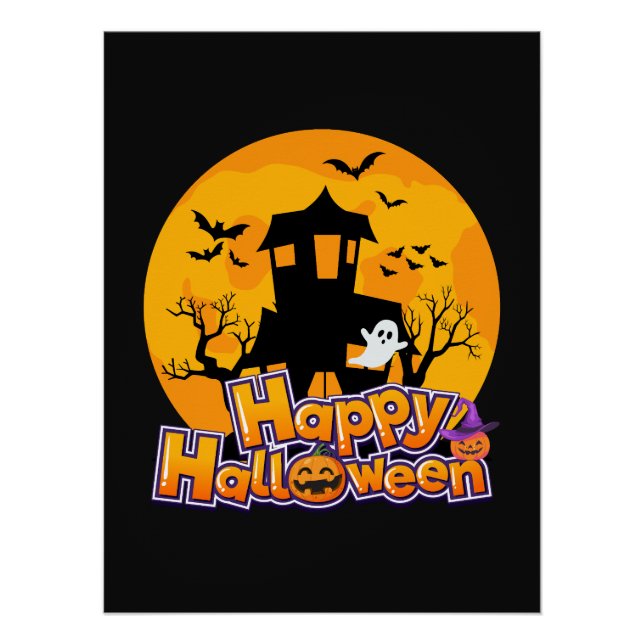 Poster Happy Halloween Haunted House Moon (Devant)
