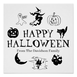 Poster Happy Halloween nom personnalisé noir blanc