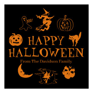 Poster Happy Halloween nom personnalisé noir orange