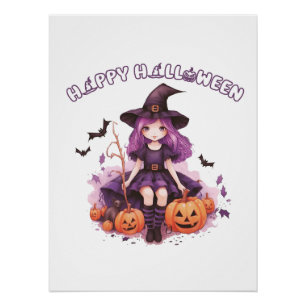 Poster Happy Halloween violet sorcière Citrouilles et cha