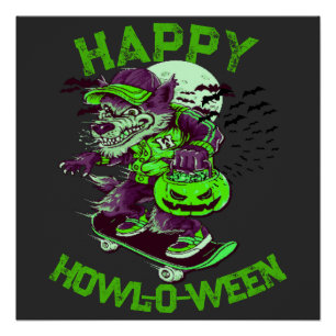 Poster Happy Howl-o-ween Wolf équitation sur skateboard