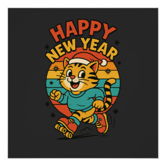Poster Happy New Year Cat - Cute 80s Cartoon Skating  