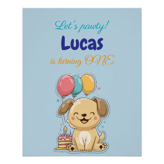 Poster Happy Puppy, Boy, Let's Pawty, 1st Birthday 