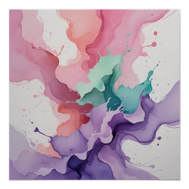 Poster Harmonie des fluides - Aquarelle Abstraite en Turq (Devant)