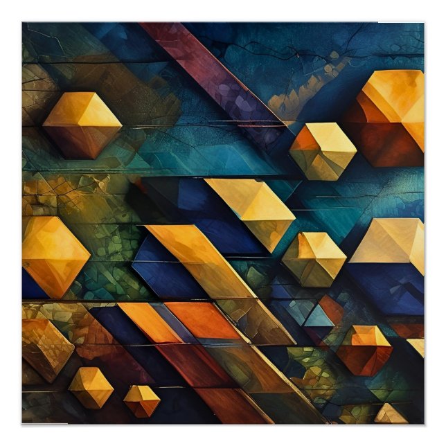 Poster Harmonie Géométrique : Cubes Abstraits en Or et Sa (Devant)