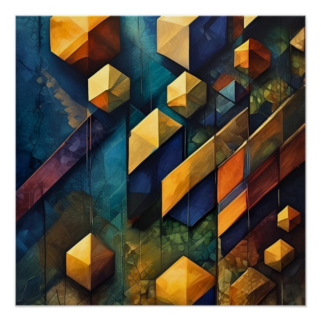 Poster Harmonie Géométrique : Cubes Abstraits en Or et Sa (Devant)