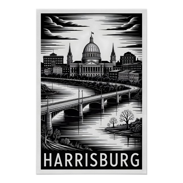Poster Harrisburg Pennsylvanie Skyline Noir Blanc Gravure (Devant)