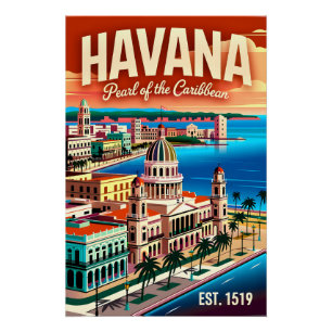 Poster Havane Cuba vintage Perle des Caraïbes Rétro