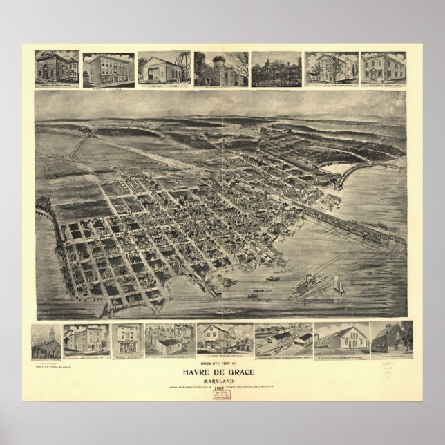 Poster Havre de Grace Maryland 1907 Antique carte panoram (Devant)