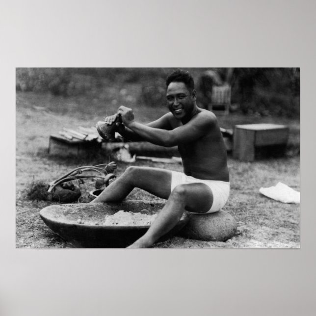 Poster Hawaii - Un homme qui bat Taro pour faire Poi (Devant)