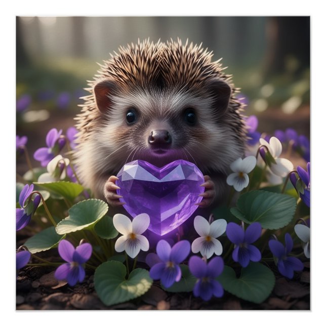 Poster Hérisson mignon de février avec cœur d'améthyste (Devant)