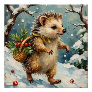 Poster Hérisson vintage avec panier de baies de Noël