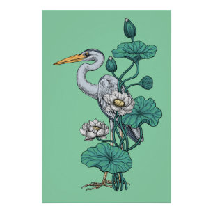 Poster Héron dans le jardin de lotus blanc sur jade