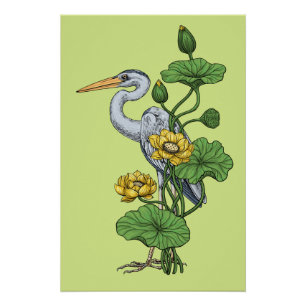 Poster Héron dans le jardin de lotus jaune sur rosée de m