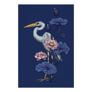 Poster Héron dans le jardin de lotus rose sur fond bleu d