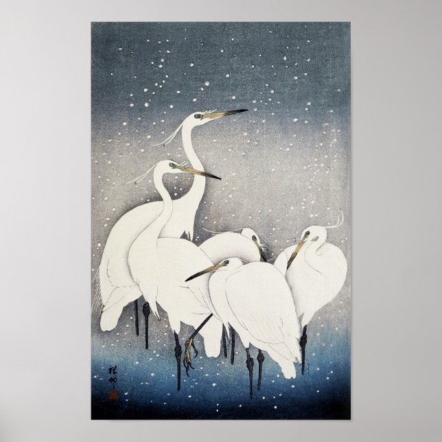 Poster Hérons blancs dans la neige, Ohara Koson, coupe de (Devant)