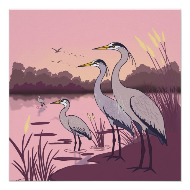 Poster Herons by the Lake (Devant)