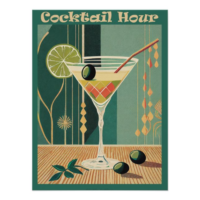 Poster Heure du cocktail design milieu de siècle (Devant)