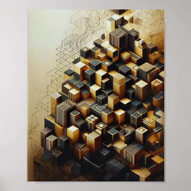 Poster Hexagonal Or & Noir Abstrait Mur moderne (Devant)