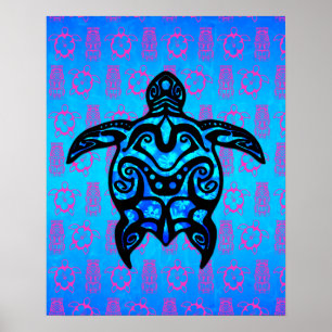 Poster Hibiscus des tortues tribales