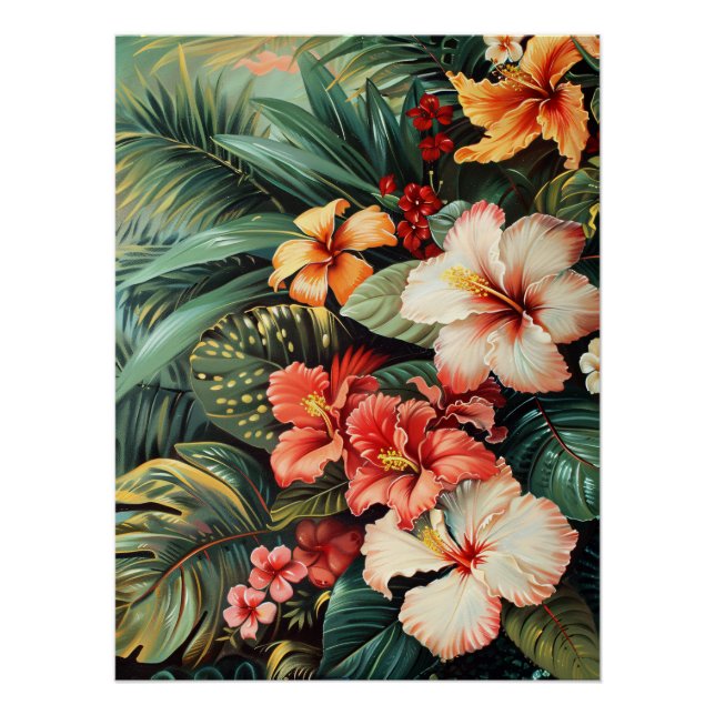Poster Hibiscus Fleurs Palmiers Fronds Tropical Decoupage (Devant)