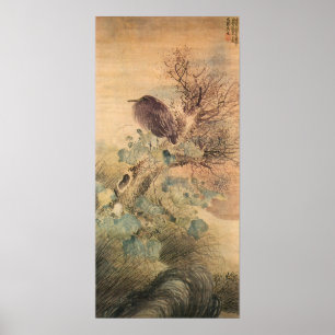 Poster Hibiscus Matsumura Goshun et Héron bleu sur un arb