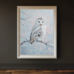 Poster Hibou des neiges sur branche hivernale – Art de la