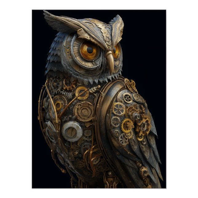 Poster Hibou Steampunk aux Yeux Dorés (Devant)