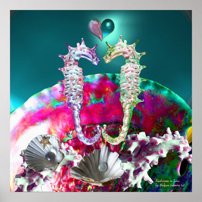 Poster HIPOCAMPES AMOUREUX, Nacre rose sarcelle bleue (Devant)